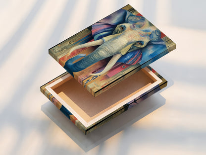 A stretched canvas print of an elephant artwork is on display. This piece is ready to hang. Its vintage bohemian style adds character to any room. The colorful animal print and intricate details create a focal point. Ideal for homeowners seeking elevated global inspired wall art. This piece is great for cafes and boardrooms.