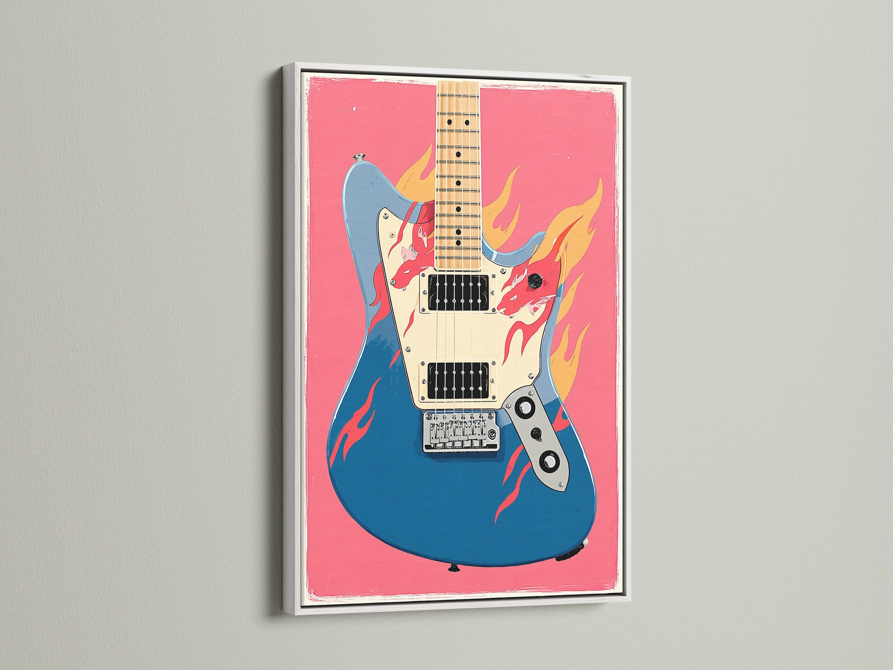 The electric guitar artwork is presented in a clean white frame. The contrast enhances the guitar's vibrant colors. This artwork makes it a focal point in any room. Ideal for music lovers and studio decor.