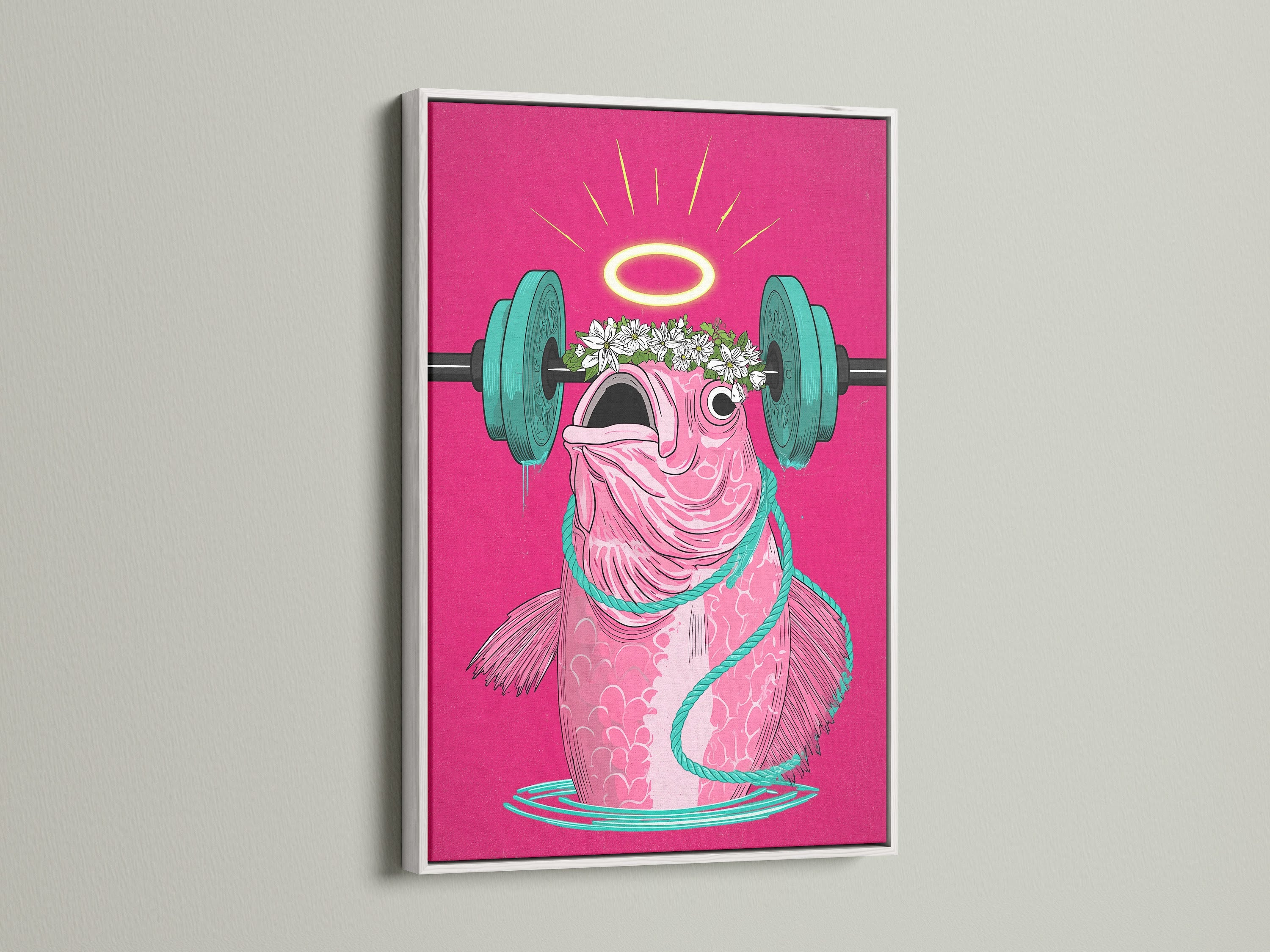 This photo showcases the Workout Fish Art Print with a white frame. A funny gym art piece that brings a contemporary style to any home gym decor. Perfect for fitness enthusiasts and quirky art lovers.