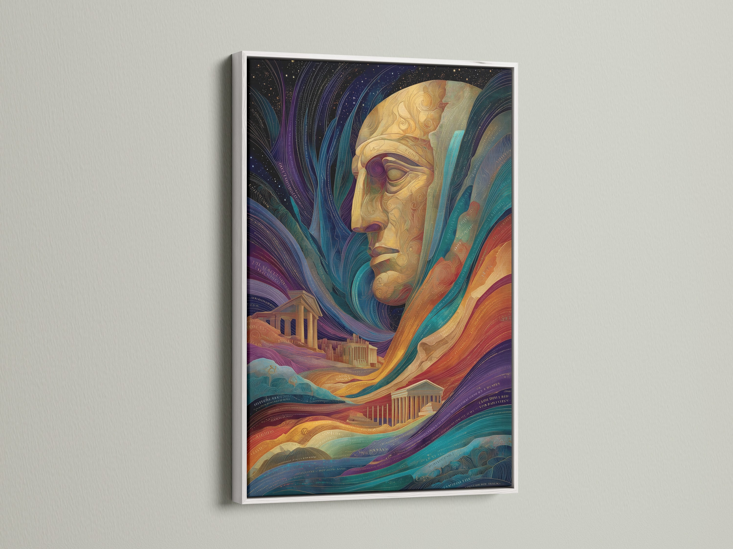 A surreal portrait artwork is displayed in a white frame. The artwork features a colorful abstract face. The artwork would be great as psychedelic digital art for modern office decor. The style is contemporary. The primary color is gold and the secondary color is blue