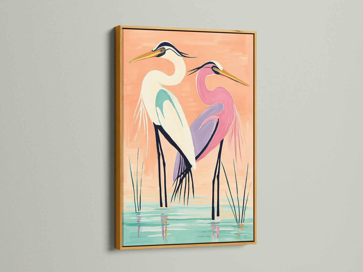 A coastal bird wall art piece featuring herons is displayed in a gold frame. Add a touch of elegance with a gold frame for your heron artwork. This artwork is perfect for coastal minimalist or contemporary styles. The gold frame enhances the heron artwork’s aesthetic appeal. It is perfect for living rooms bedrooms bathrooms studios lobbies clinics cafés and spas.