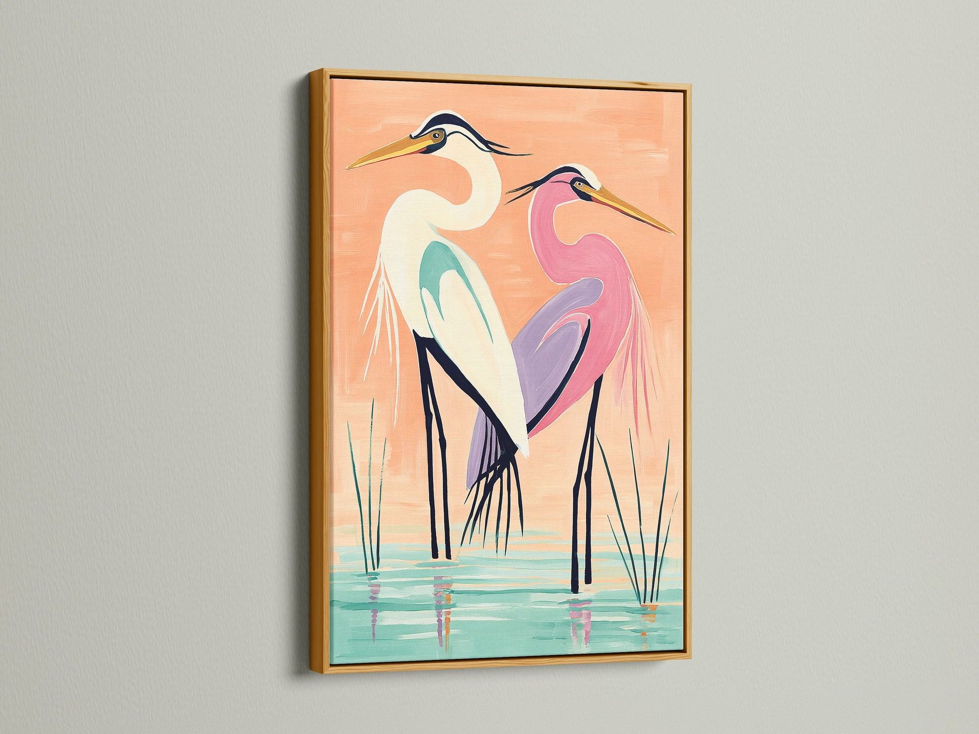 A coastal bird wall art piece featuring herons is displayed in a gold frame. Add a touch of elegance with a gold frame for your heron artwork. This artwork is perfect for coastal minimalist or contemporary styles. The gold frame enhances the heron artwork’s aesthetic appeal. It is perfect for living rooms bedrooms bathrooms studios lobbies clinics cafés and spas.
