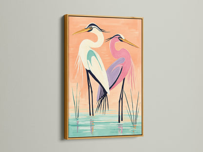 A coastal bird wall art piece featuring herons is displayed in a gold frame. Add a touch of elegance with a gold frame for your heron artwork. This artwork is perfect for coastal minimalist or contemporary styles. The gold frame enhances the heron artwork’s aesthetic appeal. It is perfect for living rooms bedrooms bathrooms studios lobbies clinics cafés and spas.