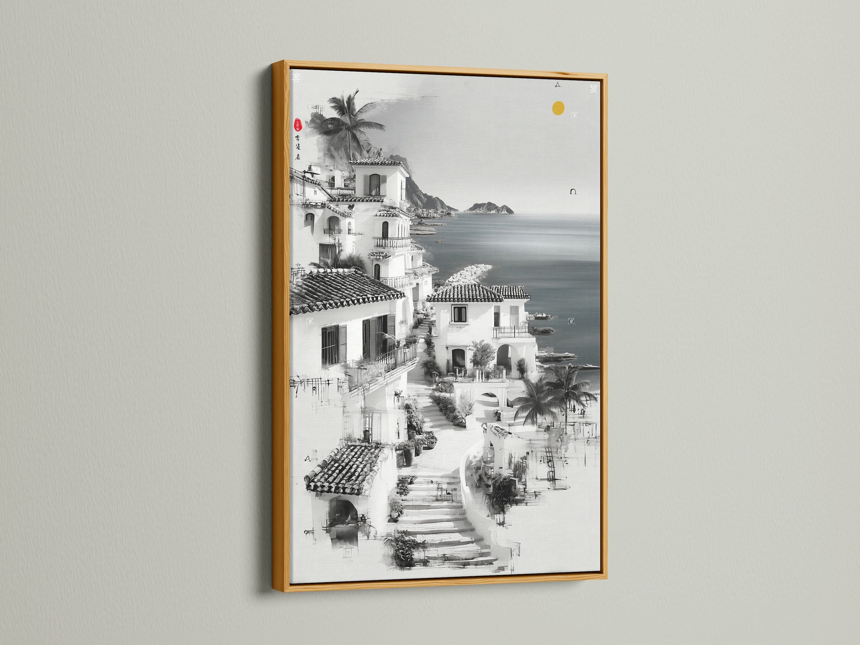 Coastal Village artwork in a gold frame. Add a touch of luxury to your walls. This Mediterranean artwork brings coastal scenery indoors. It is ideal for creating an inviting atmosphere.