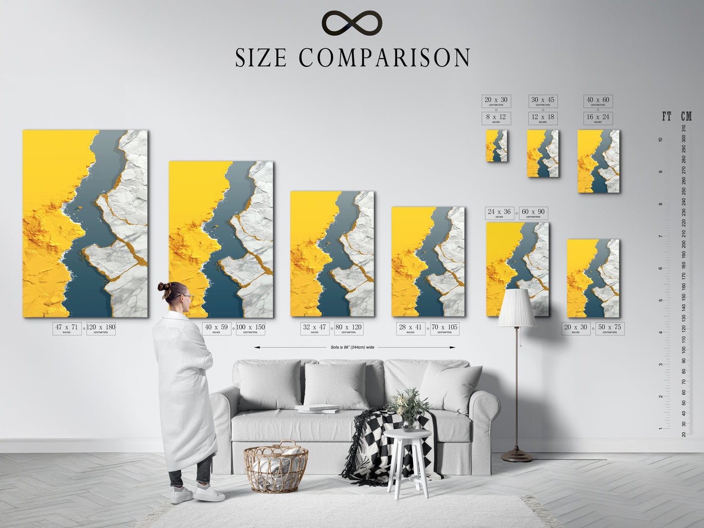 Use our size comparison chart to visualize artwork in your space. See how abstract gold river canvas art fits in different rooms. Plan your modern teal wall art display with confidence. Find the perfect size for your contemporary decor.
