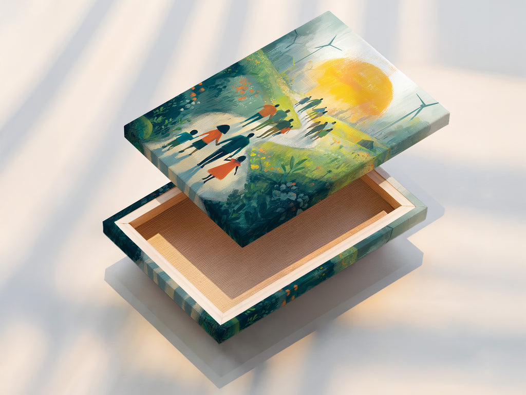 Sustainable Future Art Print - Family Walking Path Landscape, Green Energy Wind Turbines, Eco Friendly Wall Decor, Hope Artwork