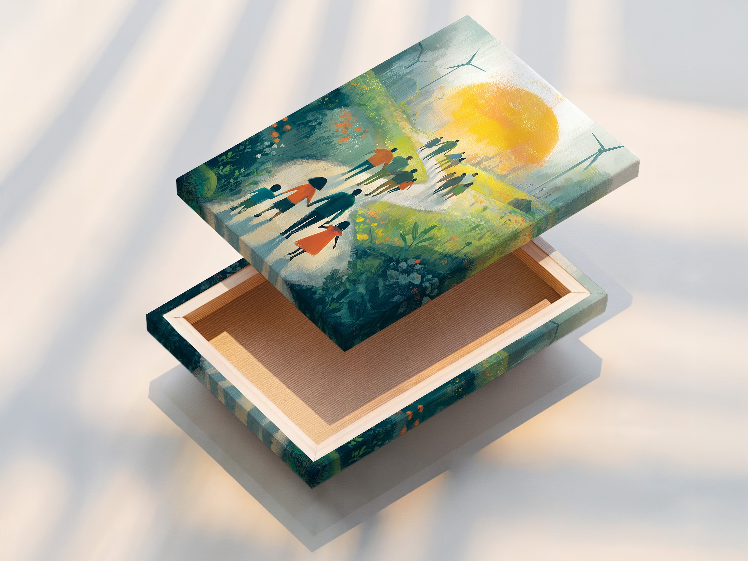 Sustainable Future Art Print - Family Walking Path Landscape, Green Energy Wind Turbines, Eco Friendly Wall Decor, Hope Artwork