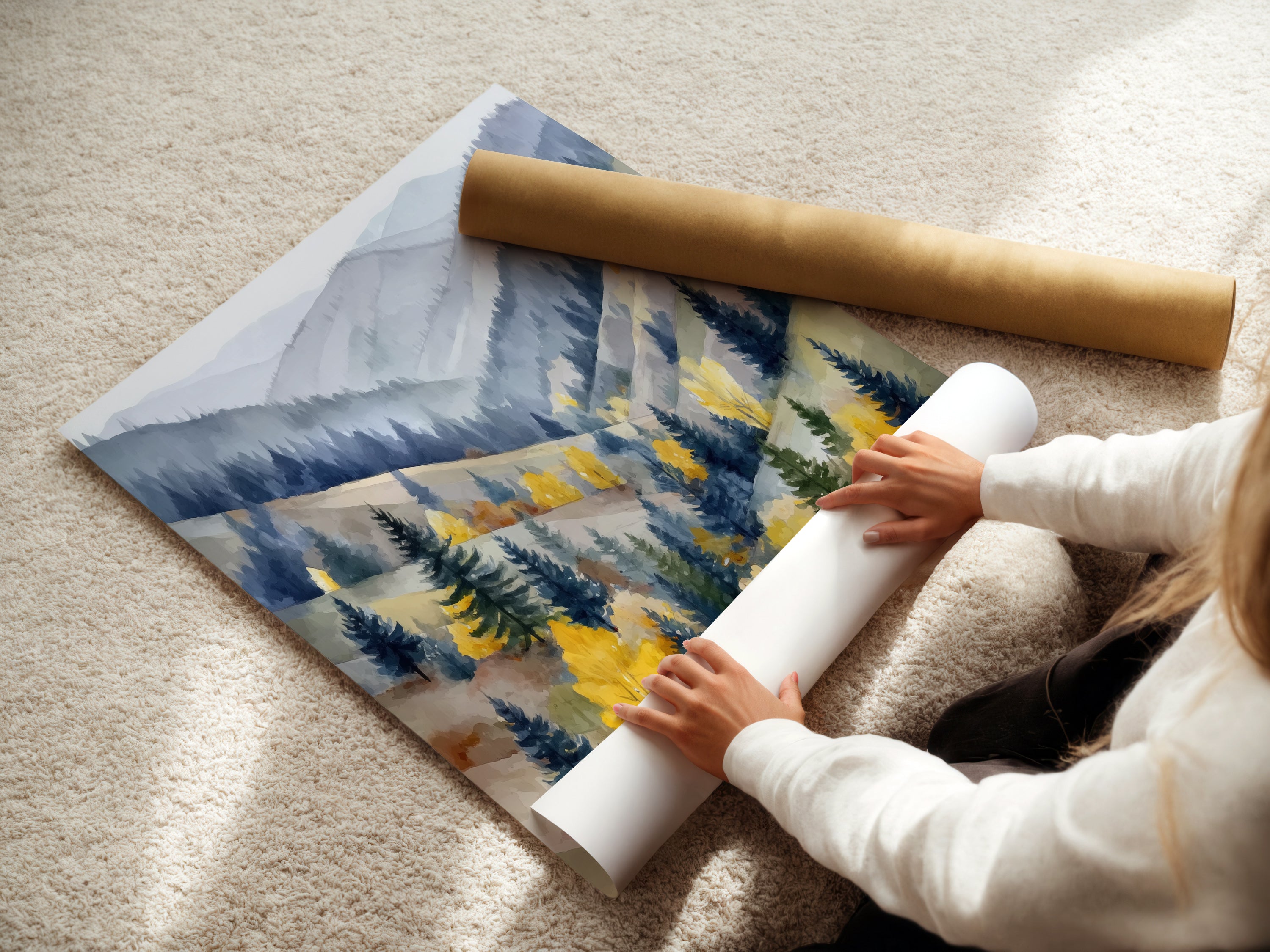 Poster production scene—rolled fine art poster for office installs.