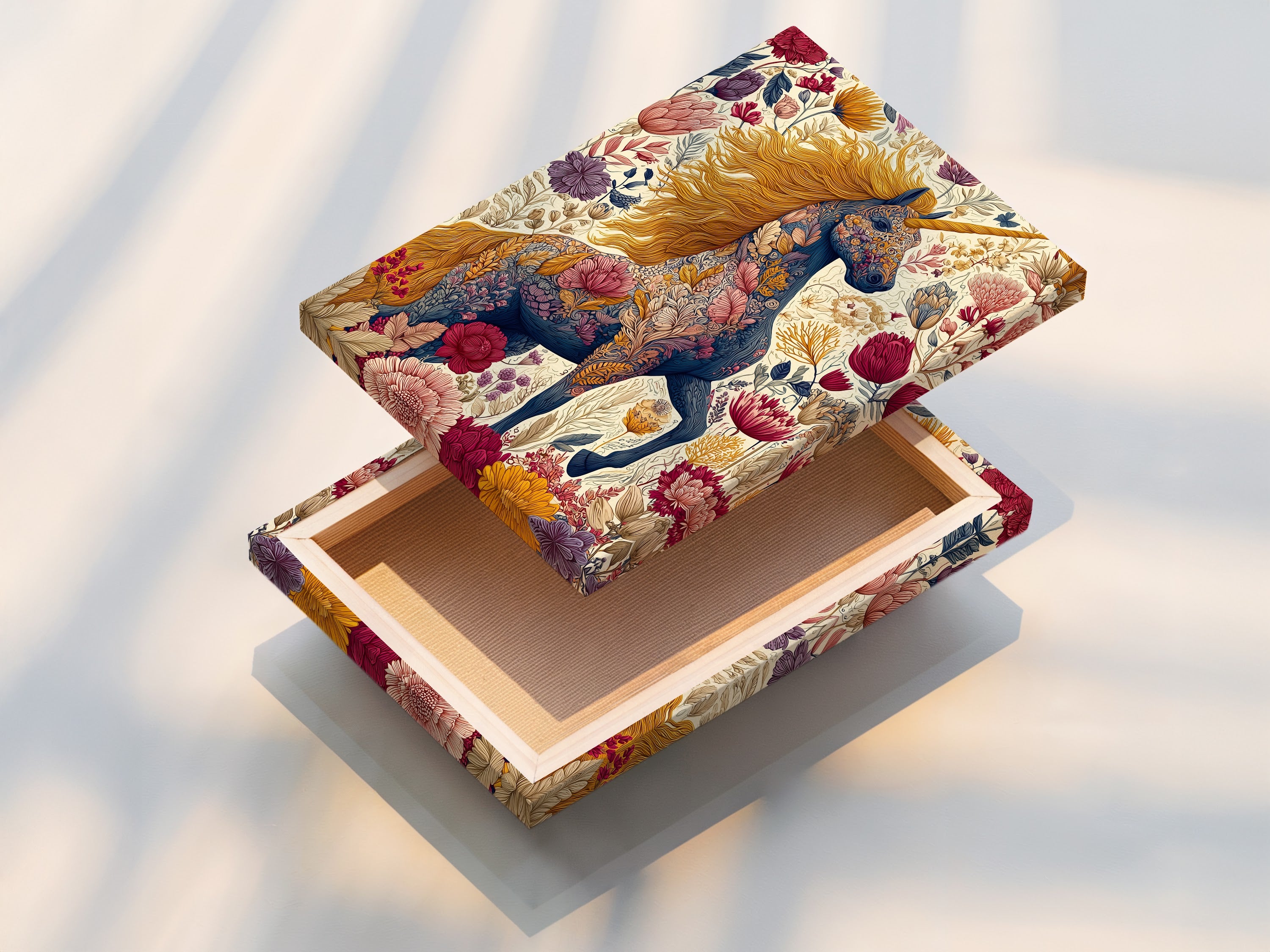 Experience the beauty of a stretched canvas print. This option offers a gallery-worthy look for your artwork. See how the floral unicorn art comes to life. Stretched canvas prints are ready to hang and enjoy. Transform your walls with stunning art.