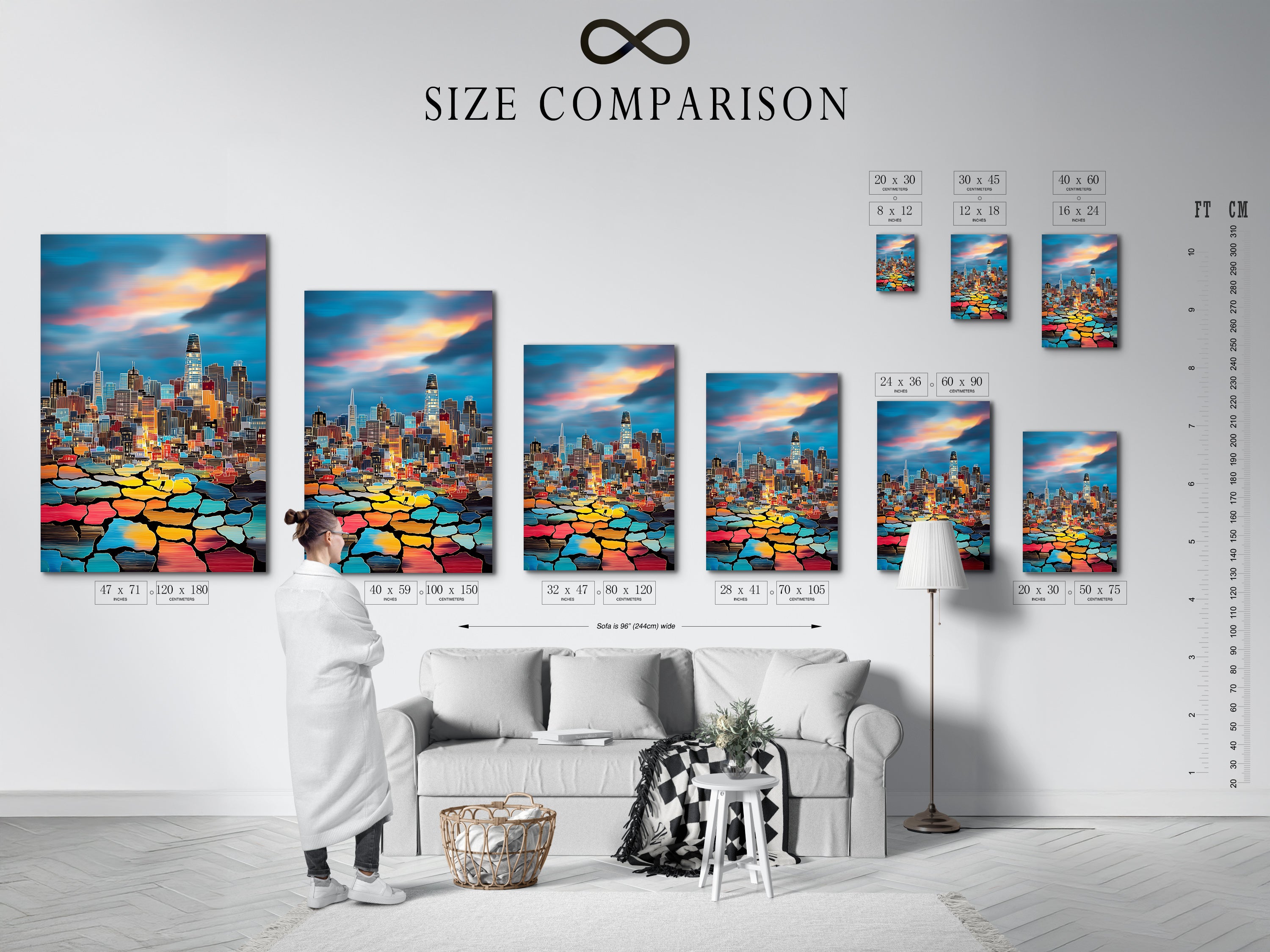 A size comparison chart is displayed in an interior setting. This chart helps visualize the artwork's scale in a room. Choose the perfect size for your cityscape art and wall decor needs.
