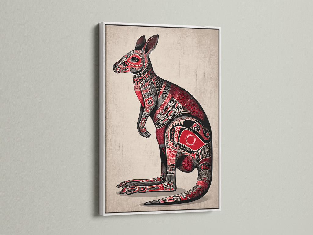 Aboriginal Kangaroo art is presented in a white frame. The artwork contrasts beautifully against the frame's clean lines. The kangaroo is depicted with tribal art elements. The red and black colors stand out. Ideal for adding a touch of ethnic wall art.