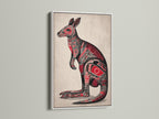 Aboriginal Kangaroo art is presented in a white frame. The artwork contrasts beautifully against the frame's clean lines. The kangaroo is depicted with tribal art elements. The red and black colors stand out. Ideal for adding a touch of ethnic wall art.
