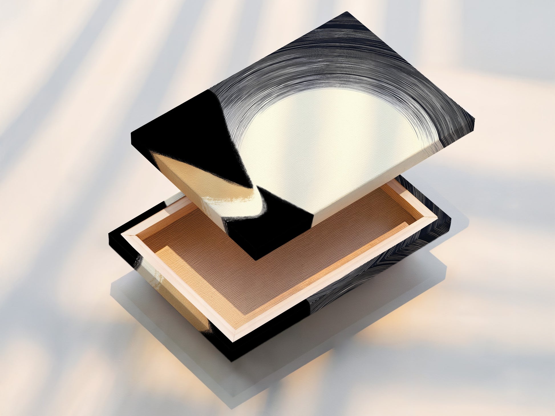 A stretched canvas print displays minimalist art. The artwork is an abstract landscape. The colors are beige black and white. The stretched canvas provides a clean modern look. It is ready to hang and enjoy in any room. Perfect for modern wall decor.