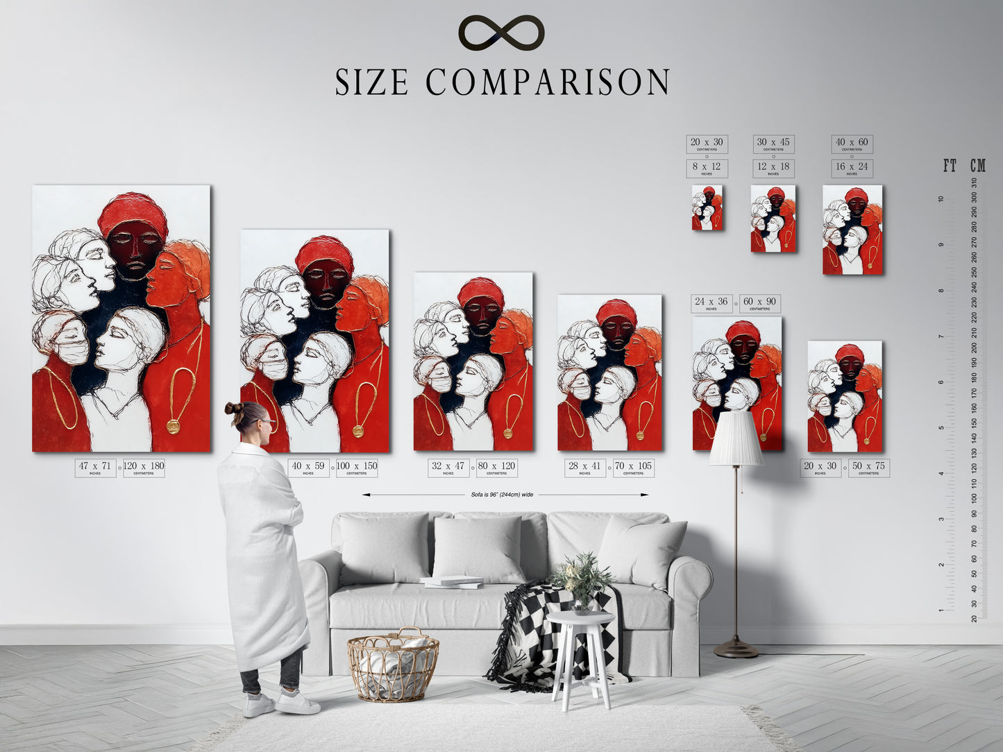 A size comparison chart is displayed in an interior setting. The chart shows various sizes of women empowerment art. See how the artwork fits in different spaces. Choose the perfect size for your home or office. Diverse female portraits are featured.