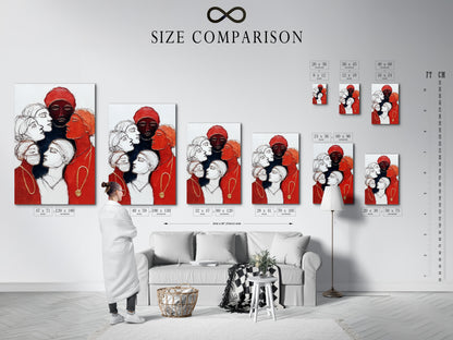 A size comparison chart is displayed in an interior setting. The chart shows various sizes of women empowerment art. See how the artwork fits in different spaces. Choose the perfect size for your home or office. Diverse female portraits are featured.