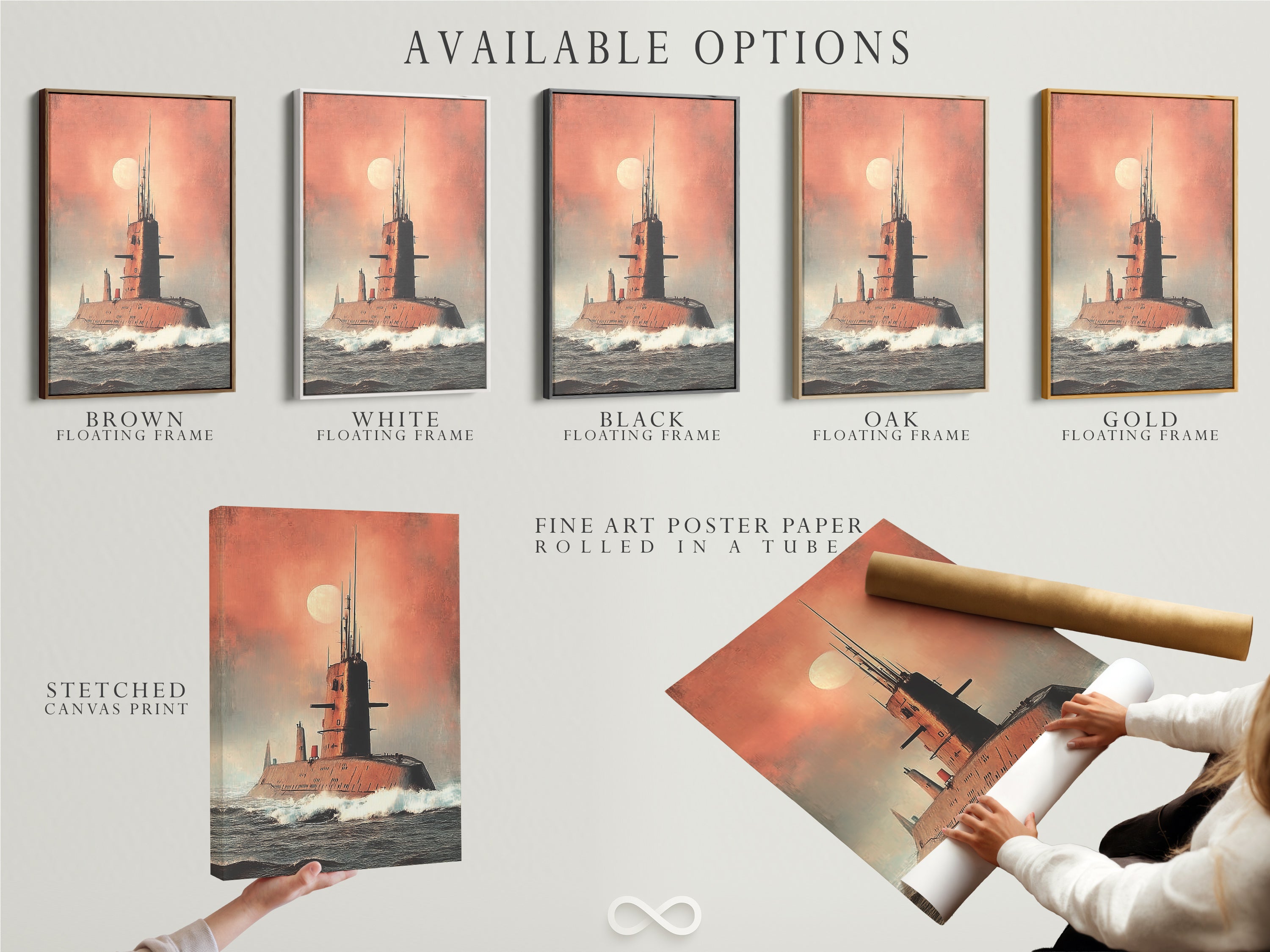 Available options for submarine art prints. Choose from stretched canvas print fine art poster paper or a floating frame. Customize your military artwork to fit your style. Explore our range of naval wall art today.