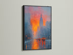 See the striking New York City canvas print in a black frame. The black frame adds a touch of sophistication. The frame makes the warm tone art pop. This urban landscape painting is perfect for office wall decor. Elevate your space with this modern painting.