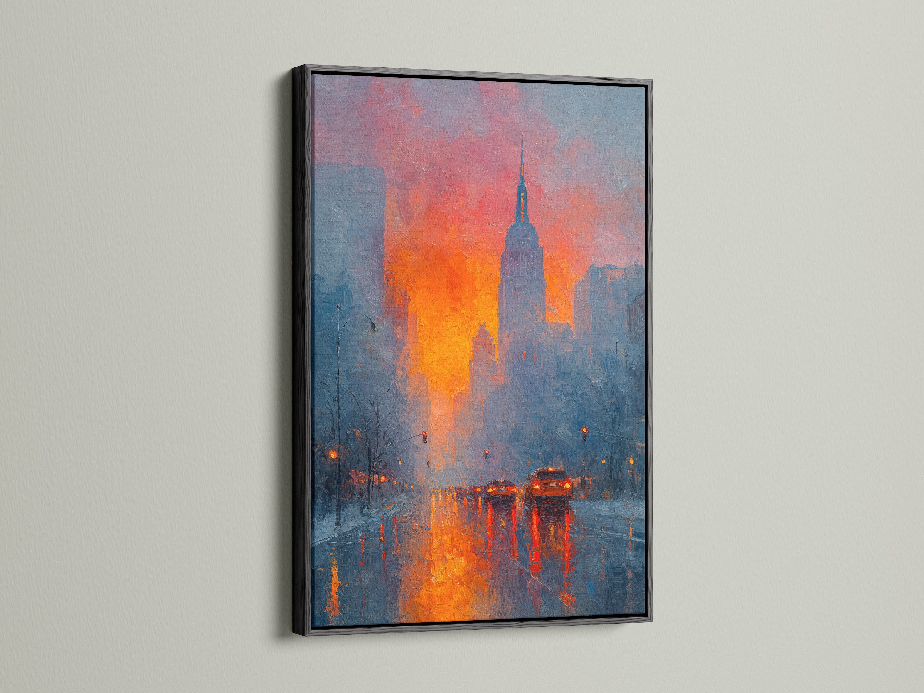 The New York Cityscape art is showcased in a sleek black frame. The black frame adds a contemporary touch to this modern artwork. The sunset skyline wall art creates a striking visual impact. Perfect for urban landscape lovers and office wall art.