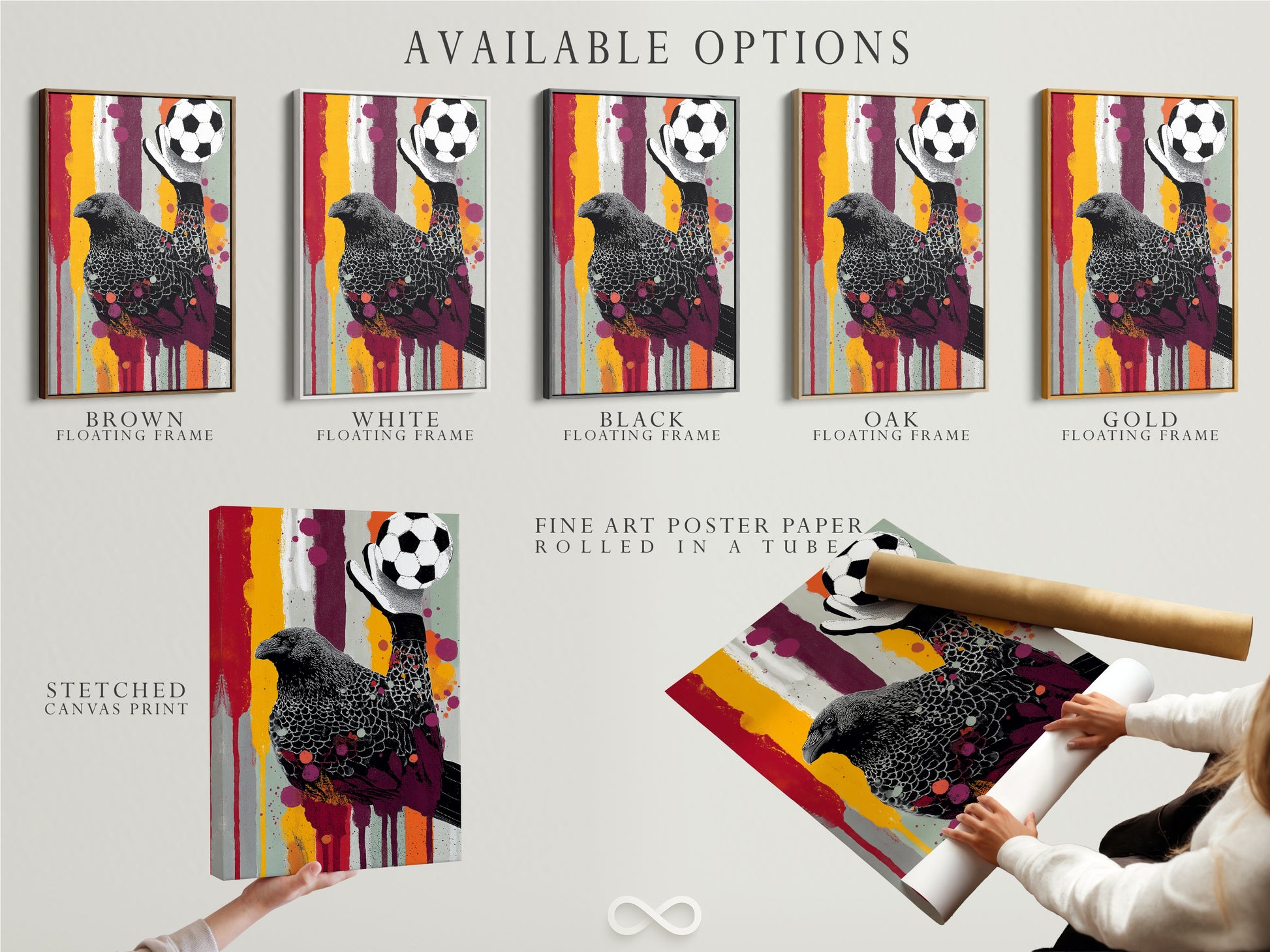 Available options for the Raven Goalkeeper artwork. Choose from a stretched canvas print or fine art poster paper. Consider a floating frame for a modern look. Find the perfect style for your sports-themed kid's room decor today.