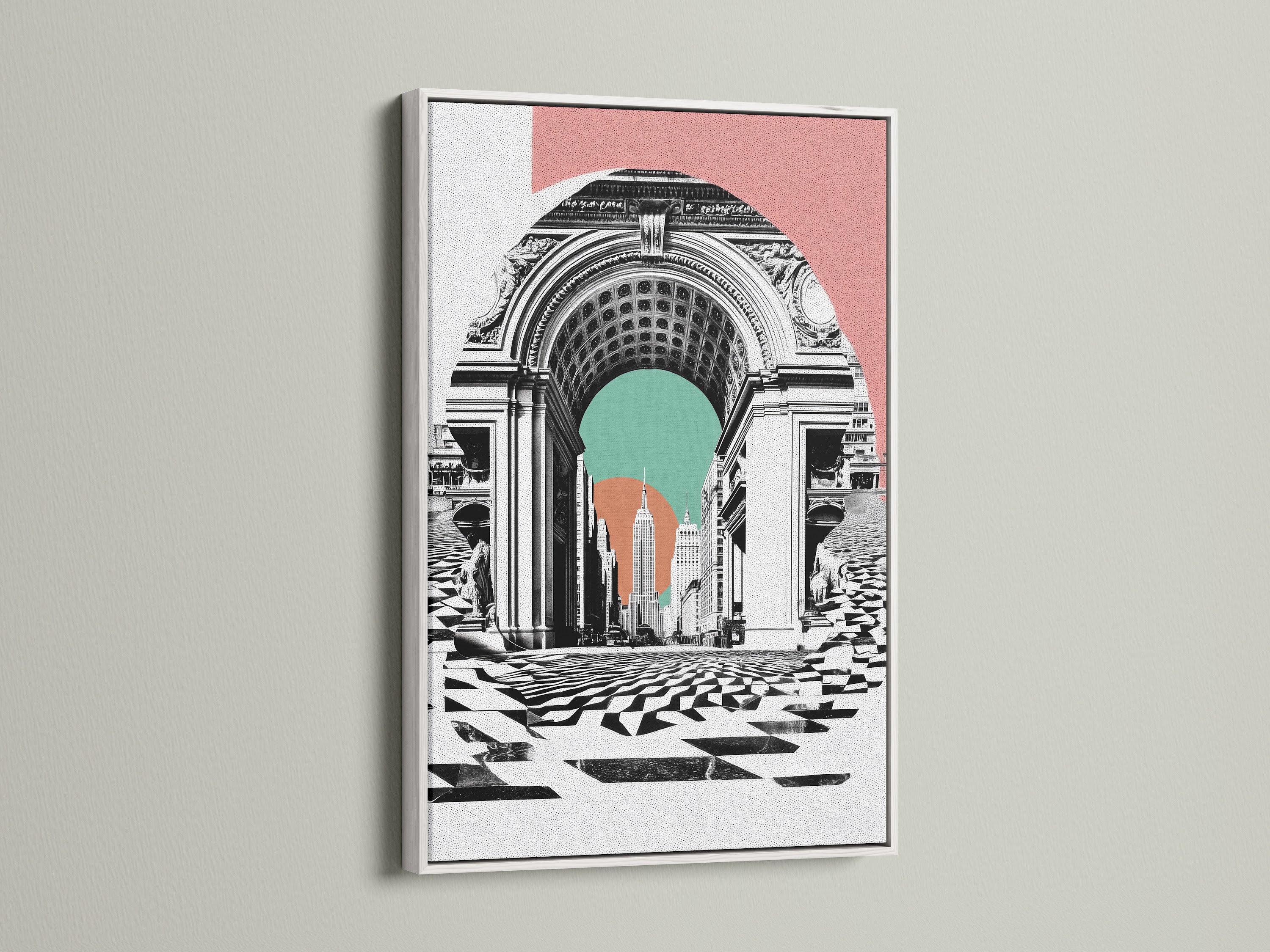New York Arch artwork is showcased in a white frame. The pastel color block architecture poster adds a fresh look to your space. White frames offer a clean modern aesthetic. See how this artwork transforms your home or office