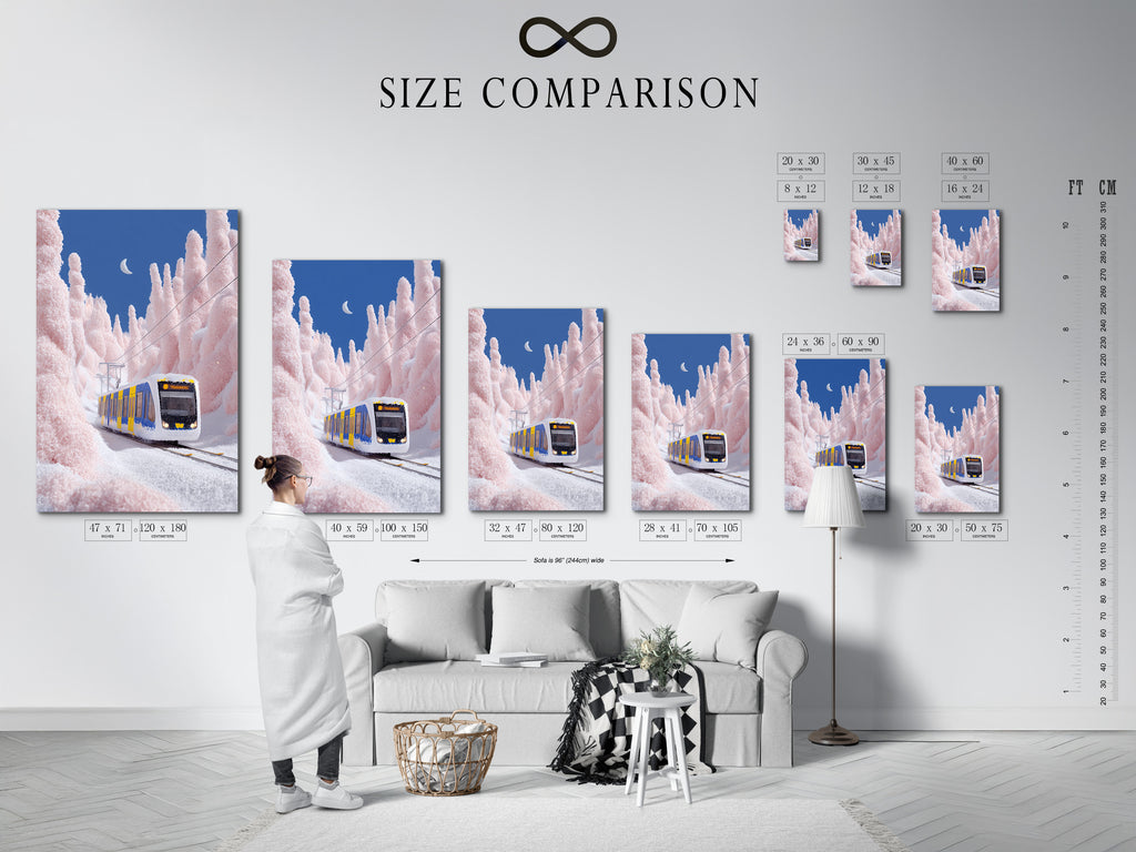 A size comparison chart is displayed in an interior setting. It helps customers visualize the artwork's dimensions. It ensures the perfect fit for their space. Choose the ideal size for your winter wall art. This will enhance your room's aesthetic.
