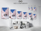 A size comparison chart is displayed in an interior setting. It helps customers visualize the artwork's dimensions. It ensures the perfect fit for their space. Choose the ideal size for your winter wall art. This will enhance your room's aesthetic.