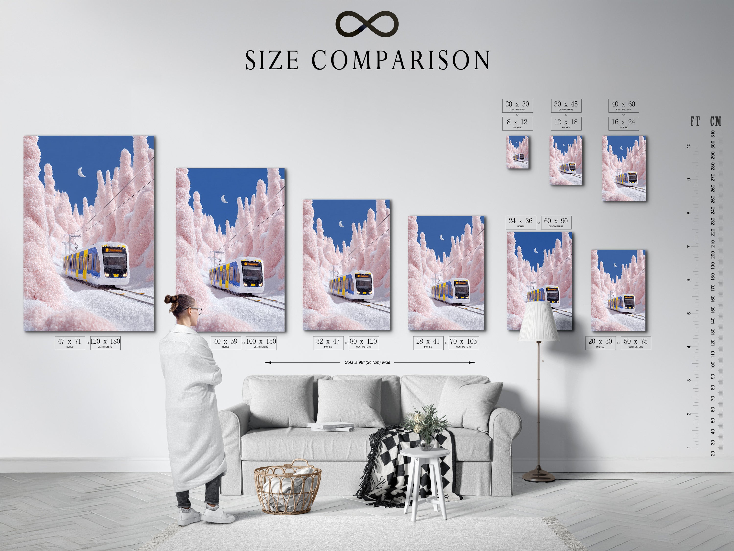 A size comparison chart is displayed in an interior setting. It helps customers visualize the artwork's dimensions. It ensures the perfect fit for their space. Choose the ideal size for your winter wall art. This will enhance your room's aesthetic.