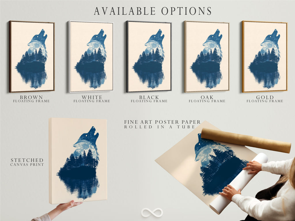 Available options include a stretched canvas print fine art poster paper and a floating frame. All options display a wolf silhouette artwork. The artwork is a howling wolf in a forest with a moon.