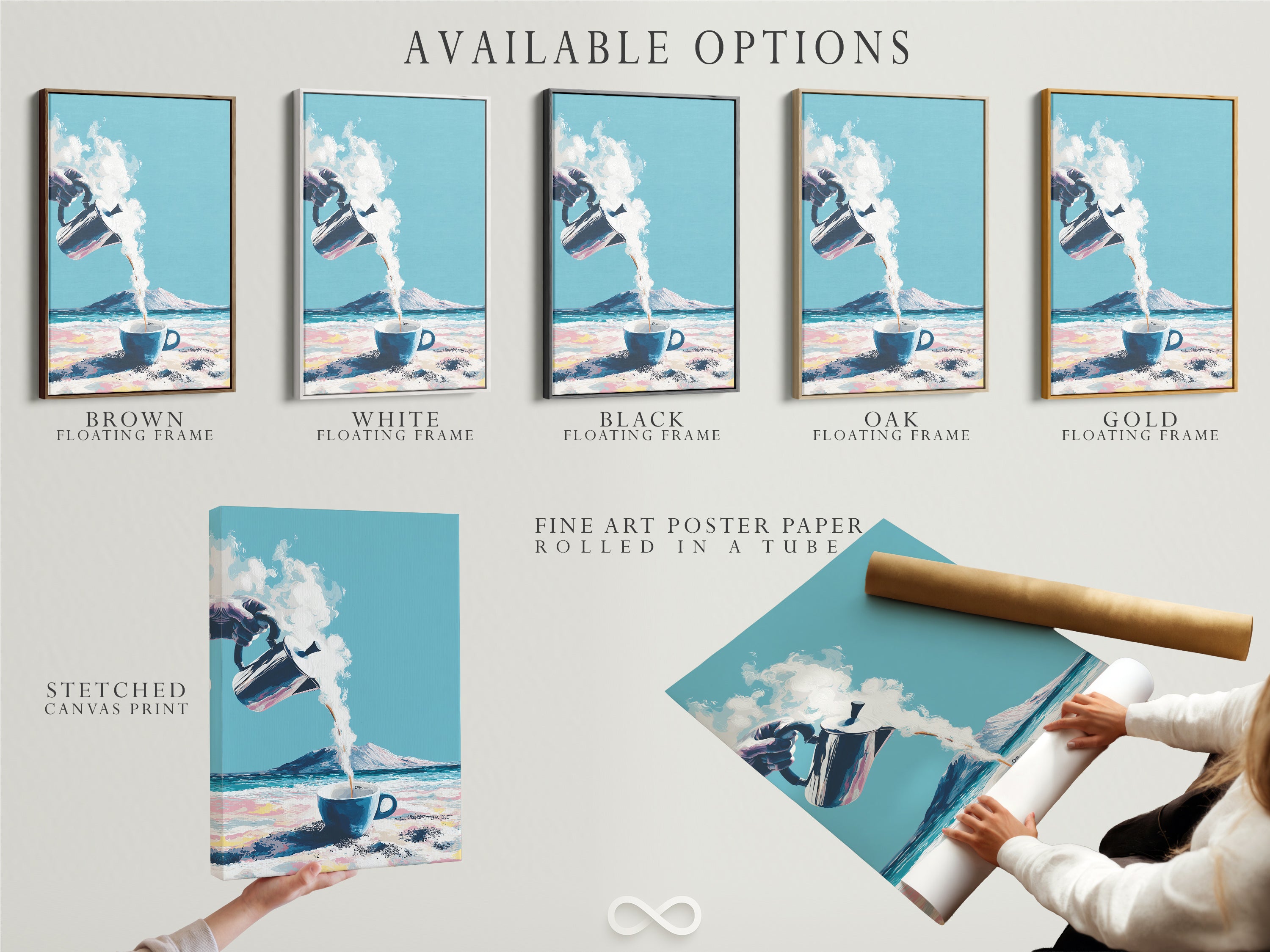 Available options for the Coastal Coffee artwork. Choose from stretched canvas print fine art poster paper or floating frame. Customize your artwork to fit your style. Perfect for homeowners renters and business owners. Elevate your space.