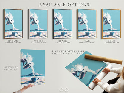Available options for the Coastal Coffee artwork. Choose from stretched canvas print fine art poster paper or floating frame. Customize your artwork to fit your style. Perfect for homeowners renters and business owners. Elevate your space.