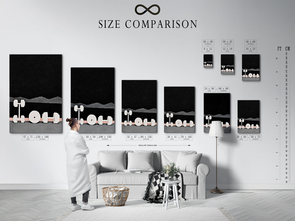 This size comparison chart is displayed in an interior setting. It shows available sizes for modern gym weights artwork. It is also for fitness wall art prints. Choose the perfect size for your gym decor. Find the ideal fit for your workout space. Make a stylish statement.