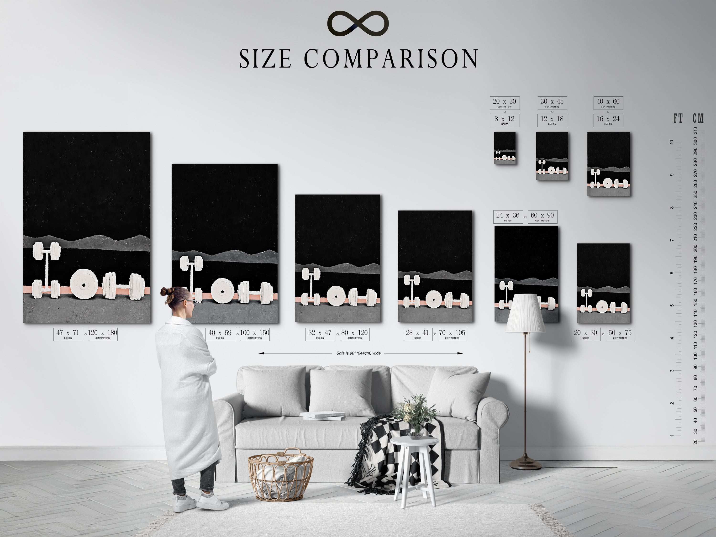 This size comparison chart is displayed in an interior setting. It shows available sizes for modern gym weights artwork. It is also for fitness wall art prints. Choose the perfect size for your gym decor. Find the ideal fit for your workout space. Make a stylish statement.