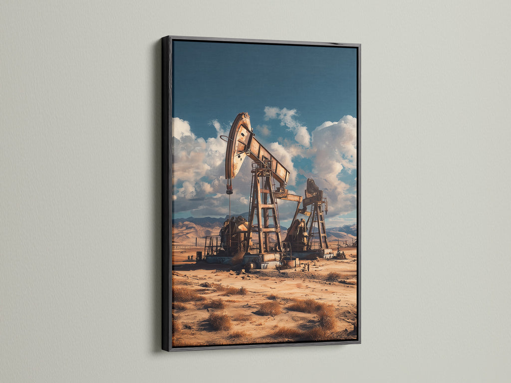 The black frame provides a striking contrast to this oil rig canvas print. This industrial print captures a desert landscape. A great piece of rustic decor for offices or homes. The machinery art and sepia tones add a vintage style. This framed artwork is perfect for enhancing minimalist and eclectic interiors. Discover this wall art.