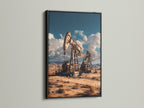 The black frame provides a striking contrast to this oil rig canvas print. This industrial print captures a desert landscape. A great piece of rustic decor for offices or homes. The machinery art and sepia tones add a vintage style. This framed artwork is perfect for enhancing minimalist and eclectic interiors. Discover this wall art.