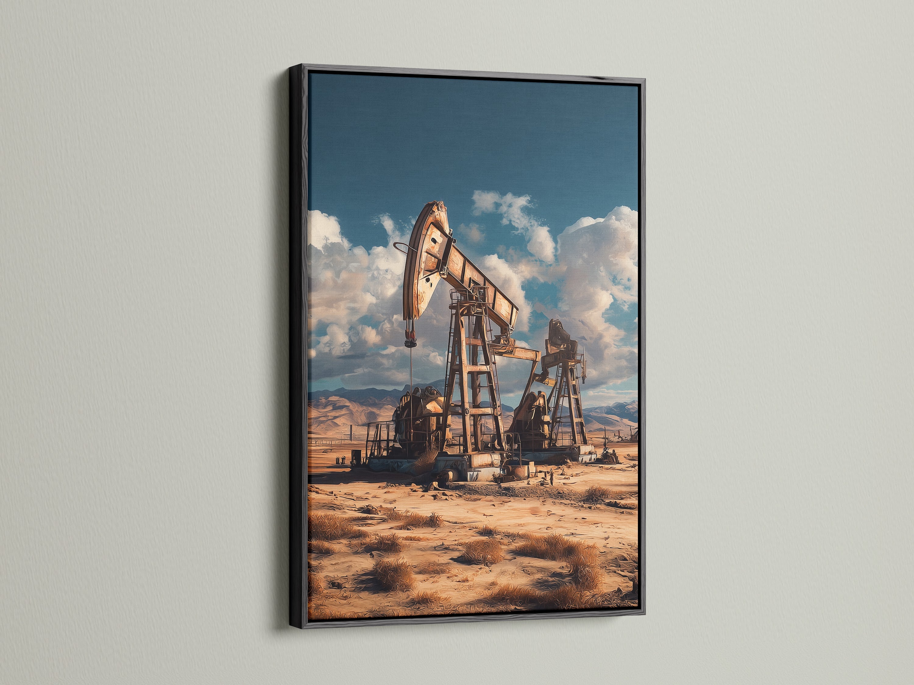Industrial decor meets modern design with this oil field artwork in a black frame. The desert canvas print highlights a vintage pump jack. This piece offers a bold statement for office wall art or a rustic home setting. The black frame enhances its visual appeal.