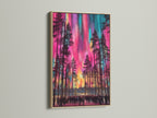 Aurora Borealis canvas print displayed in an oak frame. The artwork features a colorful forest and the mesmerizing northern lights. Ideal for Scandinavian or minimalist decor. A nature print to elevate your living room or bedroom wall art.