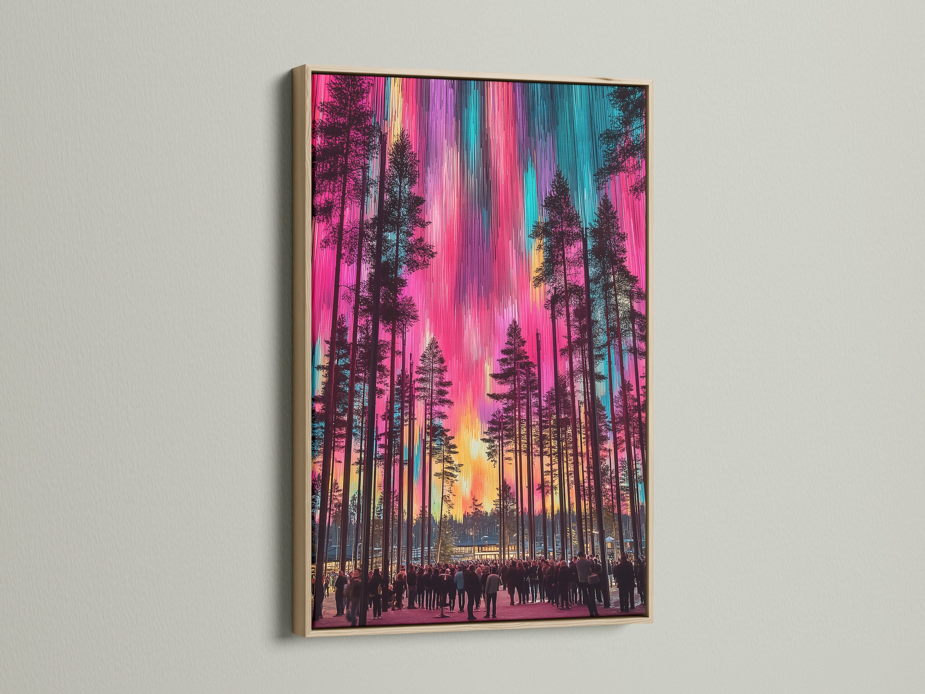 Aurora Borealis canvas print displayed in an oak frame. The artwork features a colorful forest and the mesmerizing northern lights. Ideal for Scandinavian or minimalist decor. A nature print to elevate your living room or bedroom wall art.