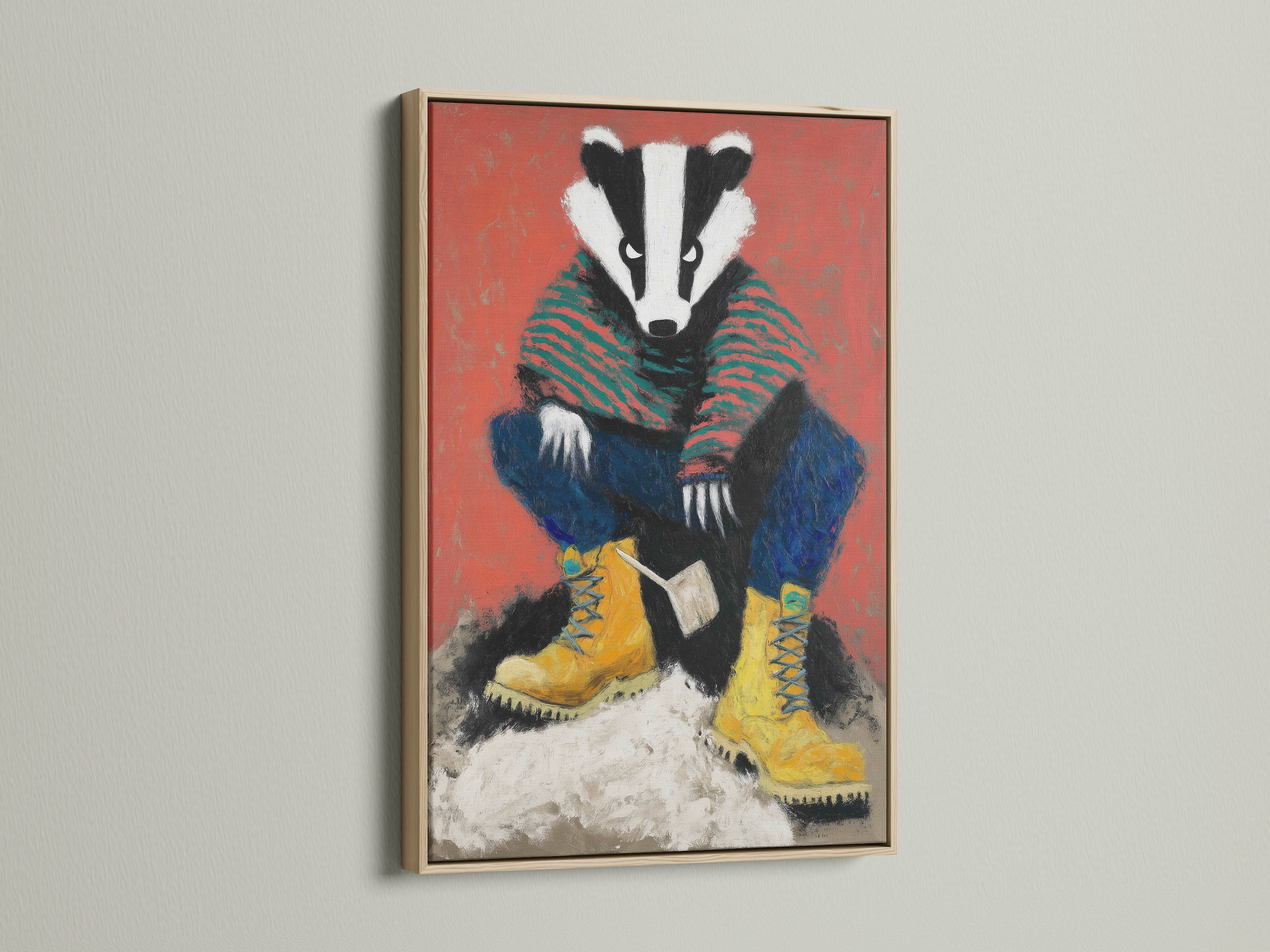 The badger artwork print is showcased in an oak frame. The warm wood complements the art's orange and green tones. This woodland animal art brings a cozy feel to nurseries and kids' rooms. It is an ideal choice for folk art style decor and nature wall art.