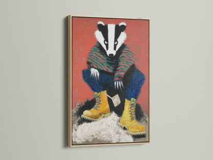The badger artwork print is showcased in an oak frame. The warm wood complements the art's orange and green tones. This woodland animal art brings a cozy feel to nurseries and kids' rooms. It is an ideal choice for folk art style decor and nature wall art.