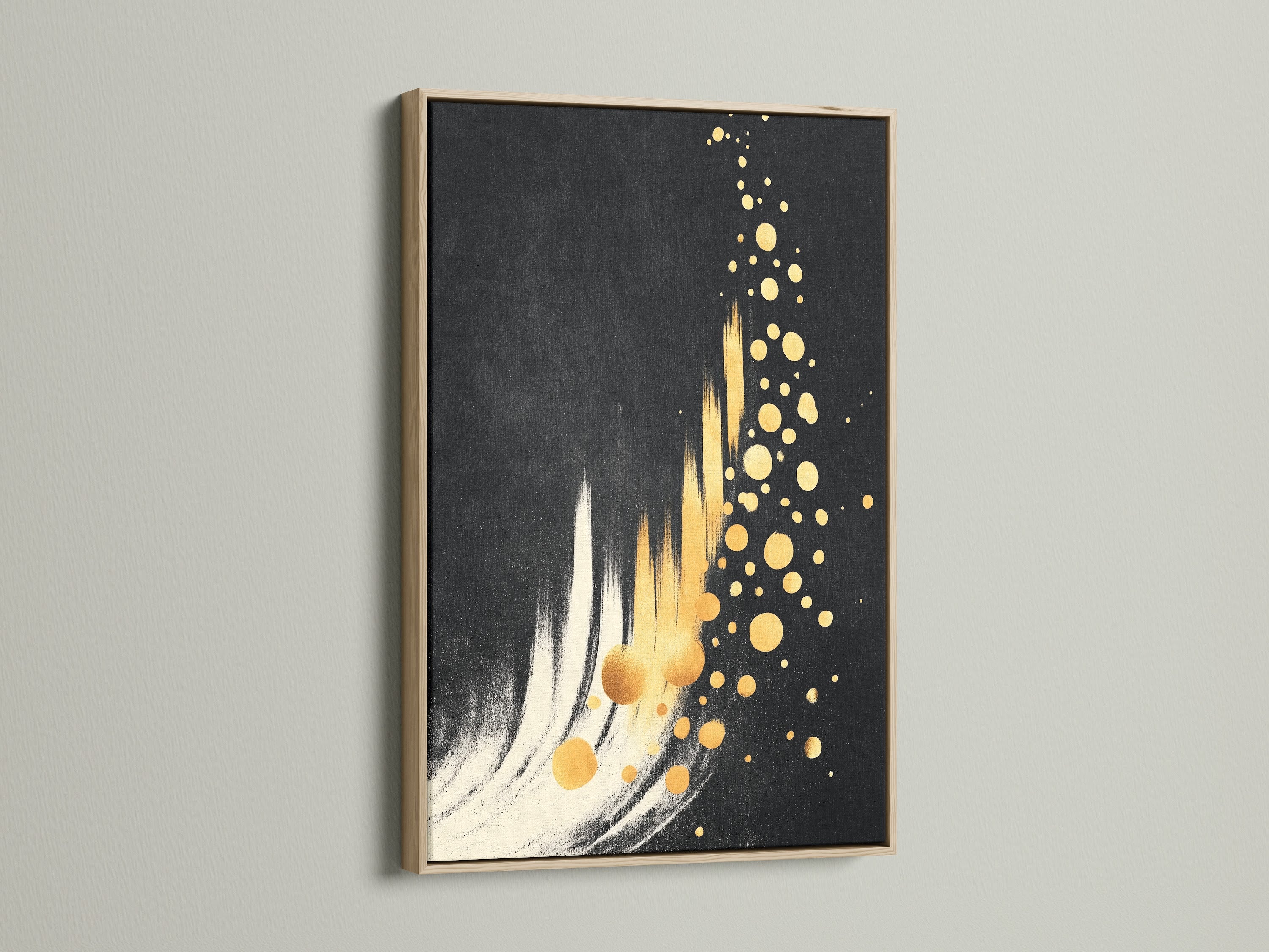 A black and gold abstract canvas print is displayed in an oak frame. The frame enhances the sparkle wall art. It is perfect for minimalist homes. The oak frame adds warmth to the modern artwork. A great choice for eclectic styles.