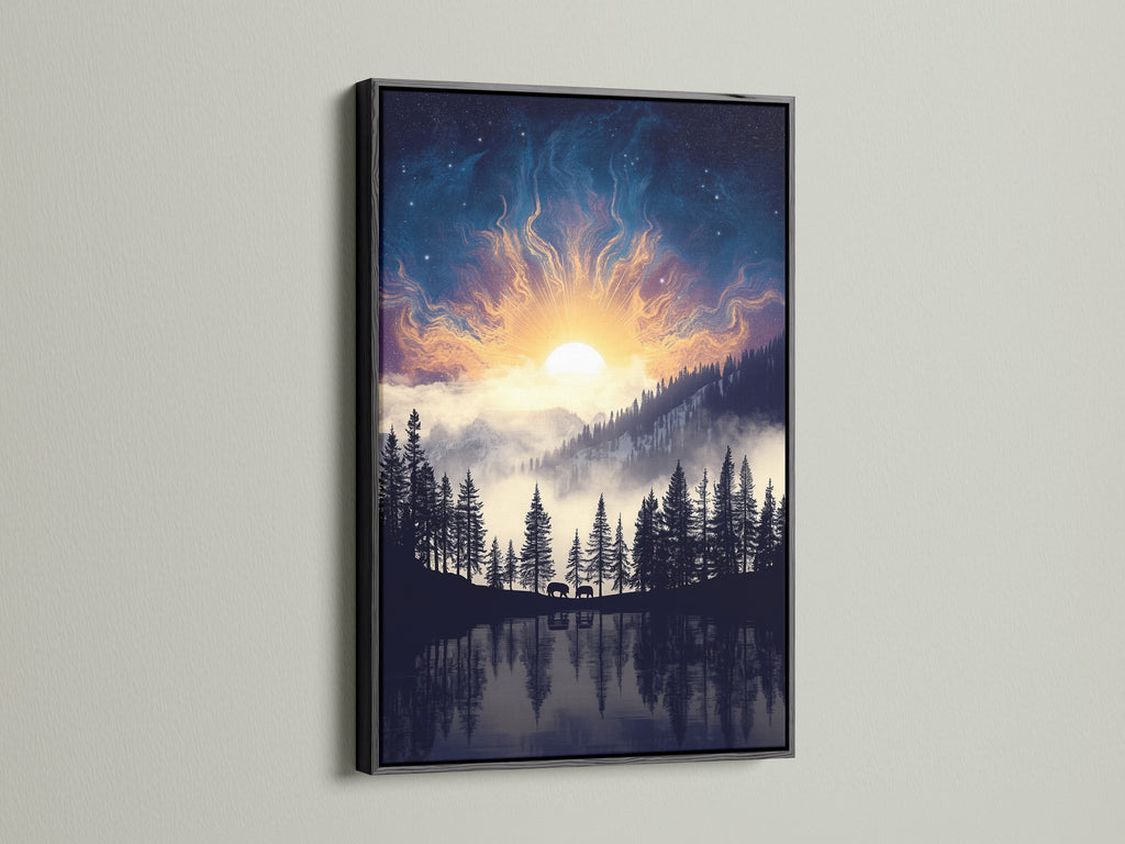 Mountain Lake artwork with a black frame presents a modern nature scene. The artwork features a lake reflecting pine trees under a celestial sky. This nature print is a perfect addition to your gallery wall. Enhance your bedroom decor with wilderness art.