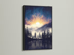 Mountain Lake artwork with a black frame presents a modern nature scene. The artwork features a lake reflecting pine trees under a celestial sky. This nature print is a perfect addition to your gallery wall. Enhance your bedroom decor with wilderness art.