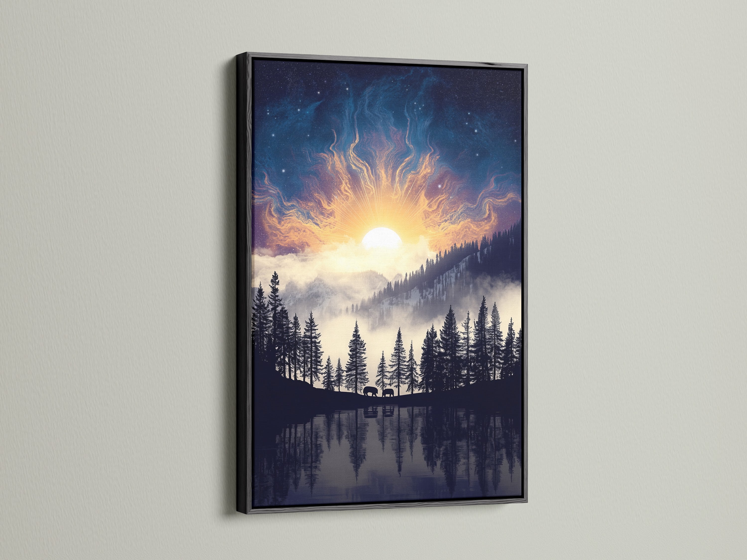 Mountain Lake artwork with a black frame presents a modern nature scene. The artwork features a lake reflecting pine trees under a celestial sky. This nature print is a perfect addition to your gallery wall. Enhance your bedroom decor with wilderness art.