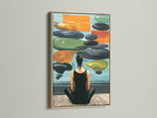 Zen Wall Art in an oak frame is displayed on a white wall. This artwork features a woman meditating. The artwork creates a peaceful atmosphere. It's a great addition to living rooms bedrooms or yoga studios.