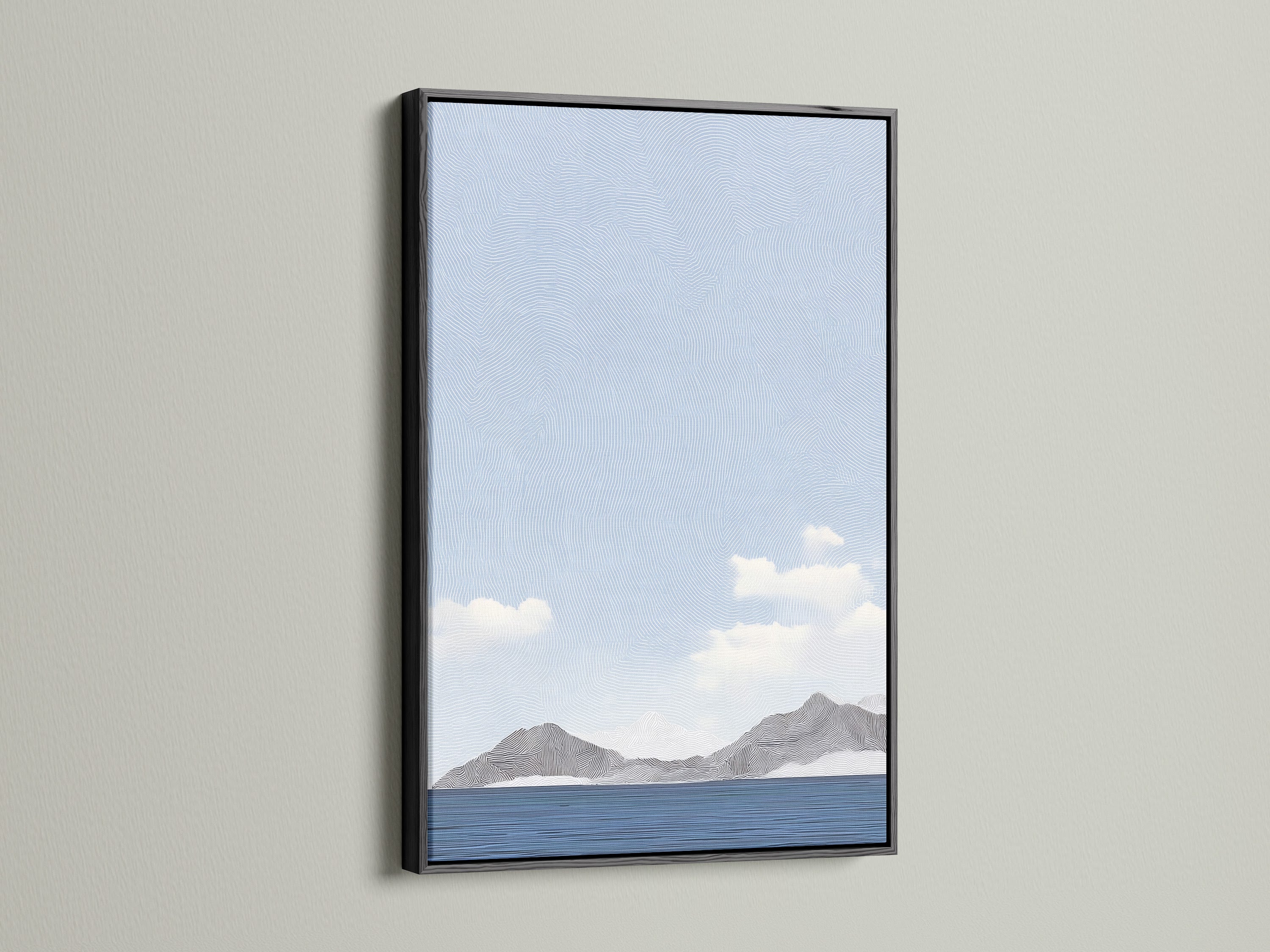 A black frame presents a striking piece of art. The artwork shows mountains by the sea. The black frame creates a bold modern statement. Add contrast and elegance to your space. This frame focuses on the art.