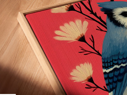 Angled close up of a blue jay canvas print in a floating frame. The artwork features a blue jay bird and coral pink flowers. The floating frame enhances the modern aesthetic. Add a touch of nature and color to your home.