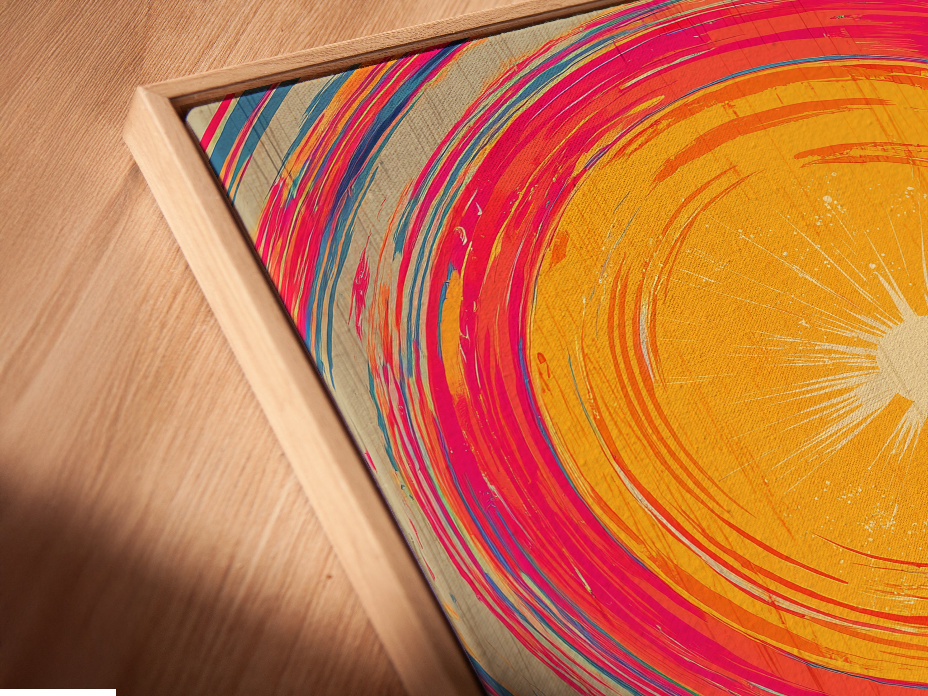 A close-up angled view reveals a canvas print in a floating frame. The mountain lake artwork features stunning details and vibrant colors. This Japanese style wall art is perfect for bedroom decor. Its floating frame adds a modern touch.