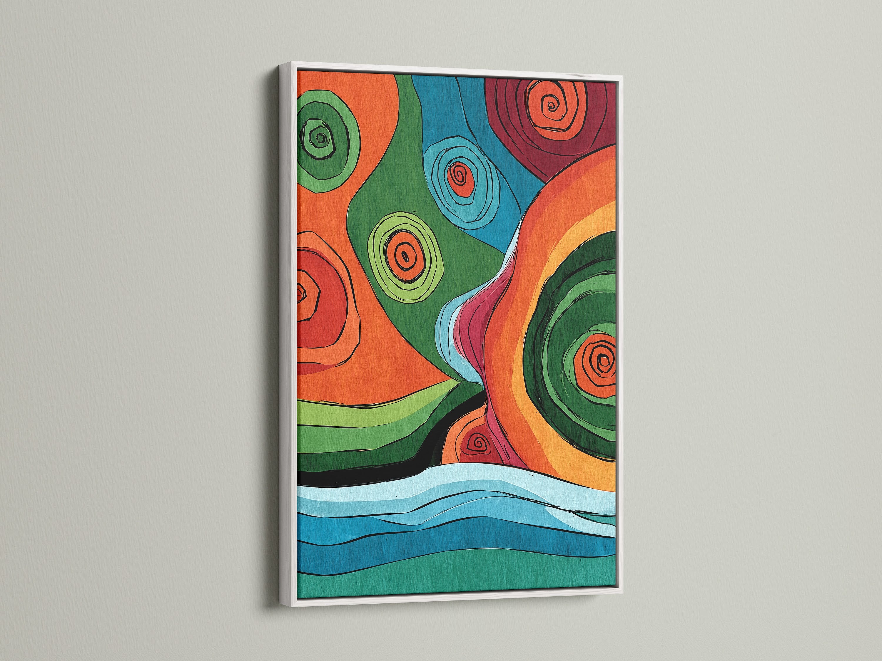 This is a striking abstract artwork is presented in a clean white frame. The white frame enhances the colors and details of the artwork. This piece brings a touch of sophistication to any space. Add a fresh and modern touch to your walls. It is perfect for minimalist or contemporary interiors.