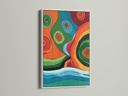 This is a striking abstract artwork is presented in a clean white frame. The white frame enhances the colors and details of the artwork. This piece brings a touch of sophistication to any space. Add a fresh and modern touch to your walls. It is perfect for minimalist or contemporary interiors.