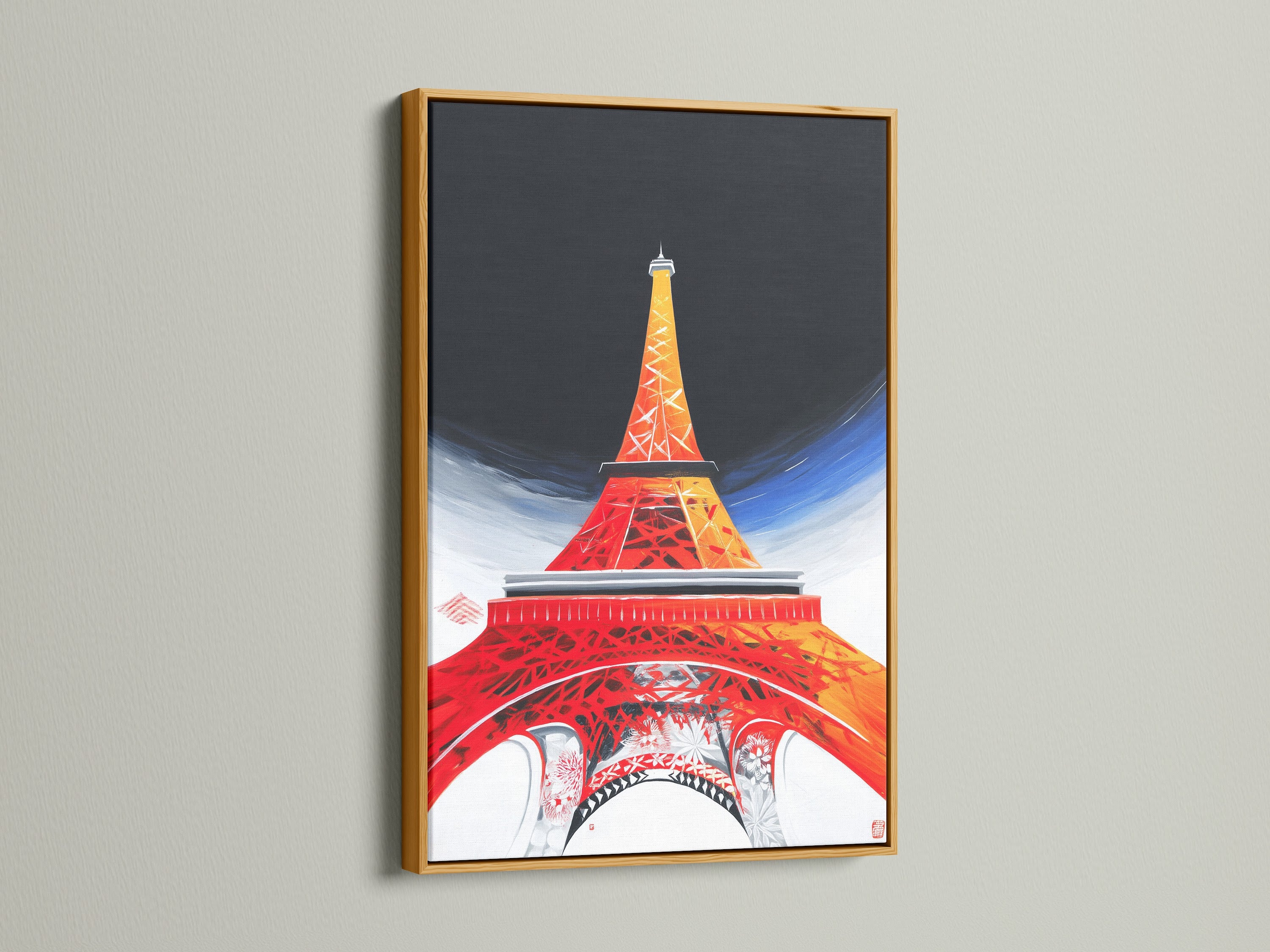 The Eiffel Tower art shines in a luxurious gold frame. The gold frame brings opulence and elegance. Enhance your abstract city art with a touch of gold. Our gold frames are perfect for creating a statement piece.